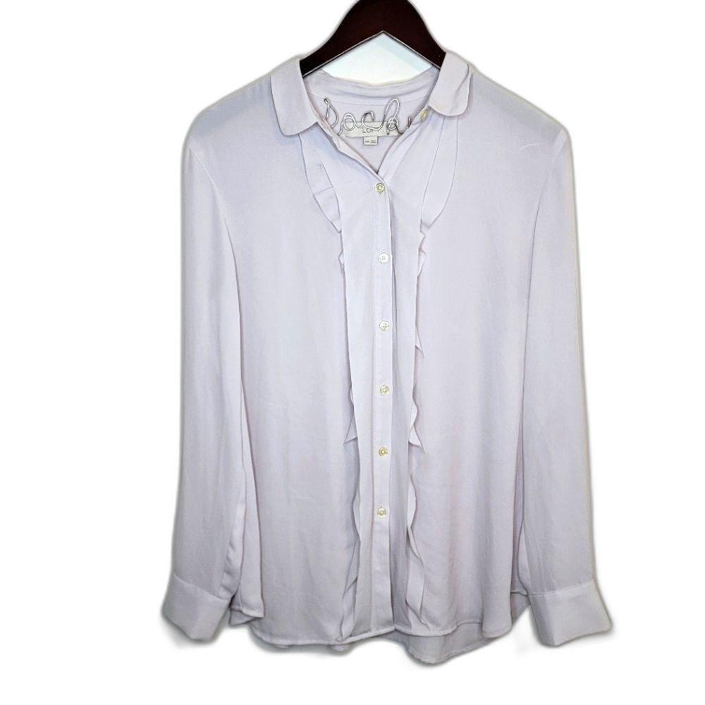 Loft Light Gray Long Sleeve Button Up Ruffle Sheer Top Size Medium